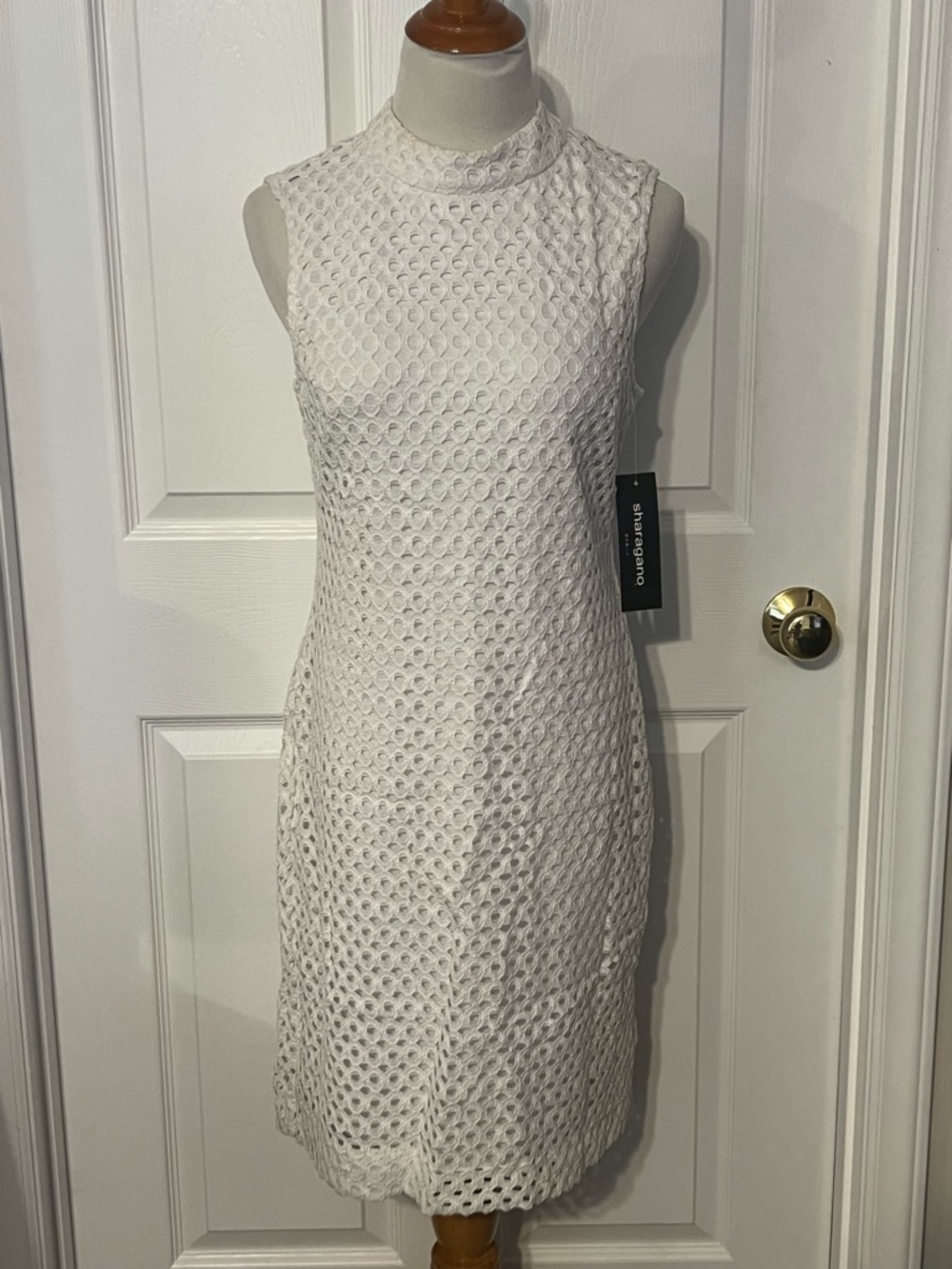 NWT Sharagano White Sleeveless Eyelet Stretch Midi Dress